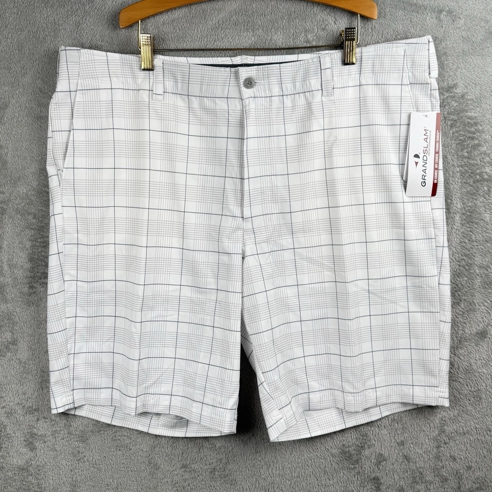 Grand Slam Chino Shorts Mens 40 White Gray Plaid Flat Front Golf 9" Inseam NWT